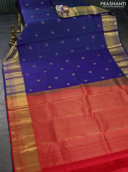 Pure kanchipuram silk saree dual shade of bluish green and red with annam & rudhraksha zari woven buttas and rich zari woven border
