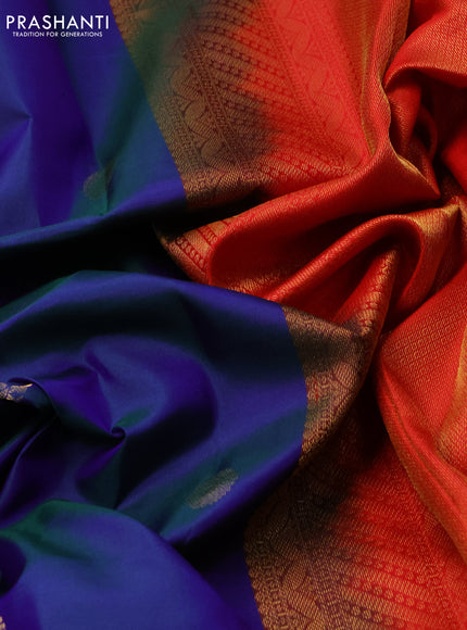 Pure kanchipuram silk saree dual shade of bluish green and red with annam & rudhraksha zari woven buttas and rich zari woven border