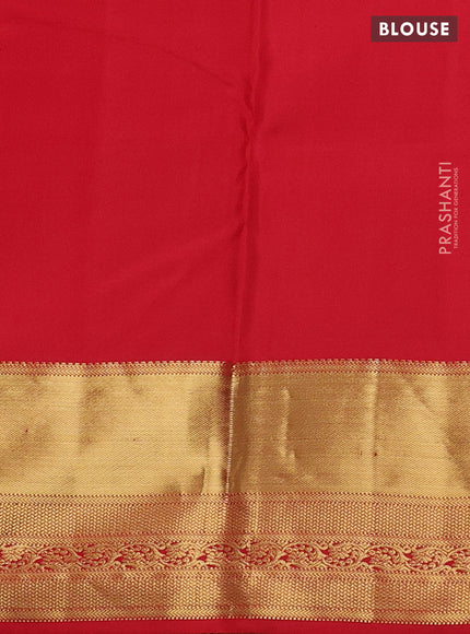Pure kanchipuram silk saree dual shade of bluish green and red with annam & rudhraksha zari woven buttas and rich zari woven border