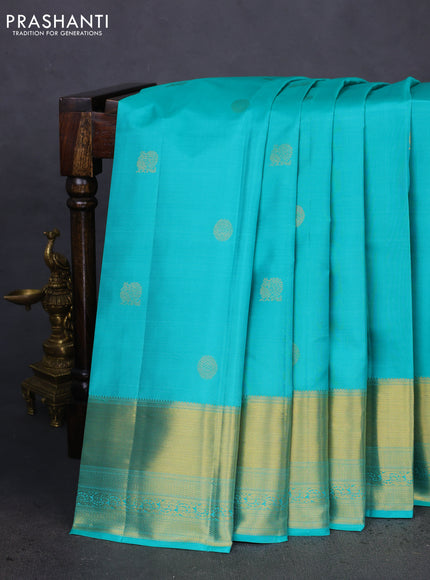 Pure kanchipuram silk saree teal blue and red with annam & rudhraksha zari woven buttas and rich zari woven border