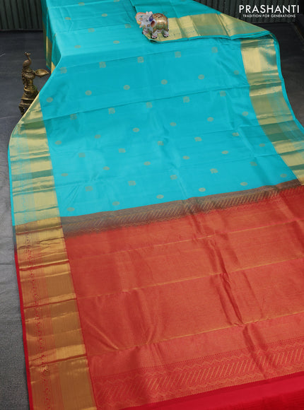 Pure kanchipuram silk saree teal blue and red with annam & rudhraksha zari woven buttas and rich zari woven border