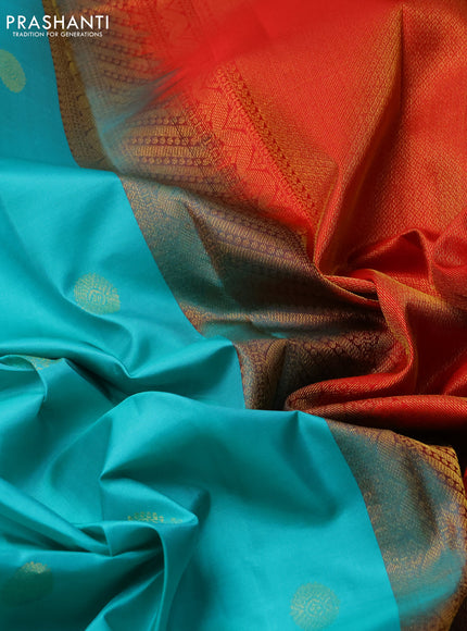 Pure kanchipuram silk saree teal blue and red with annam & rudhraksha zari woven buttas and rich zari woven border