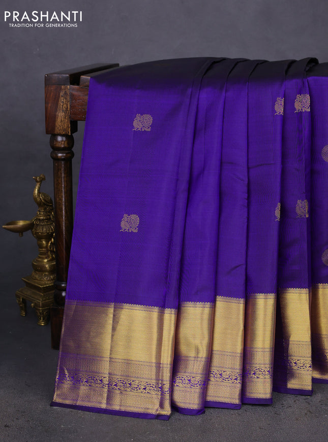 Pure kanchipuram silk saree blue and red with annam & rudhraksha zari woven buttas and rich zari woven border