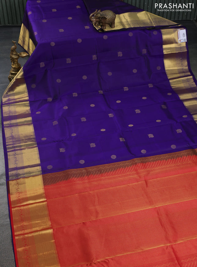 Pure kanchipuram silk saree blue and red with annam & rudhraksha zari woven buttas and rich zari woven border