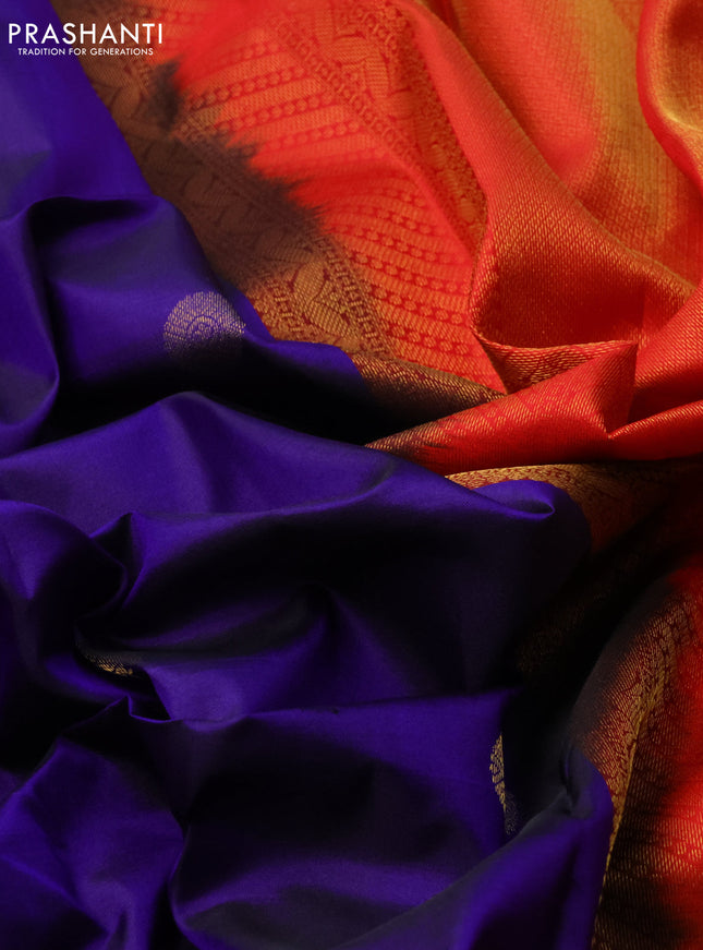 Pure kanchipuram silk saree blue and red with annam & rudhraksha zari woven buttas and rich zari woven border