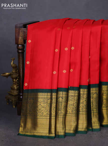 Pure kanchipuram silk saree red and dark green with zari woven buttas and long zari woven korvai border