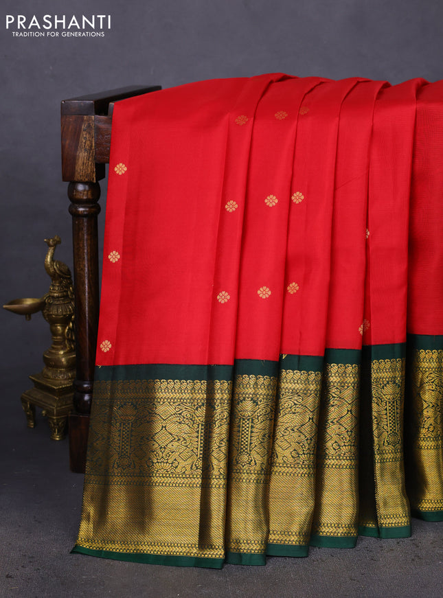 Pure kanchipuram silk saree red and dark green with zari woven buttas and long zari woven korvai border