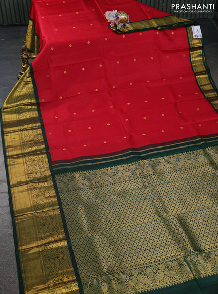 Pure kanchipuram silk saree red and dark green with zari woven buttas and long zari woven korvai border