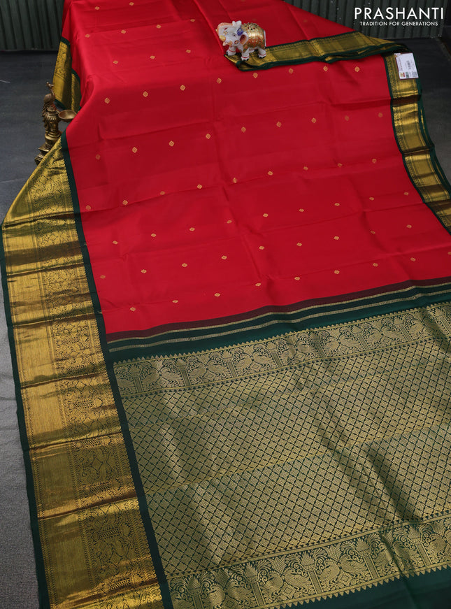 Pure kanchipuram silk saree red and dark green with zari woven buttas and long zari woven korvai border