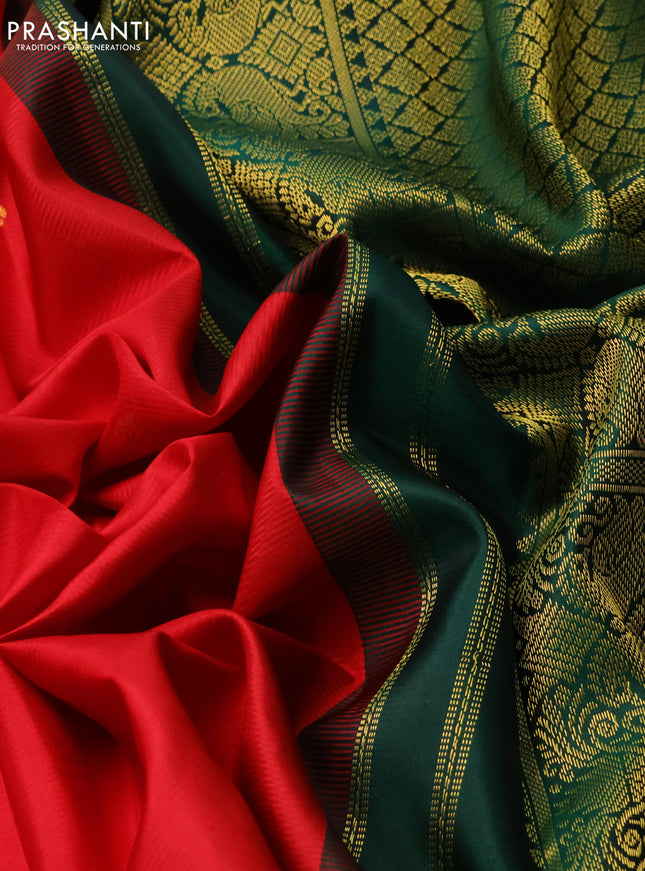 Pure kanchipuram silk saree red and dark green with zari woven buttas and long zari woven korvai border