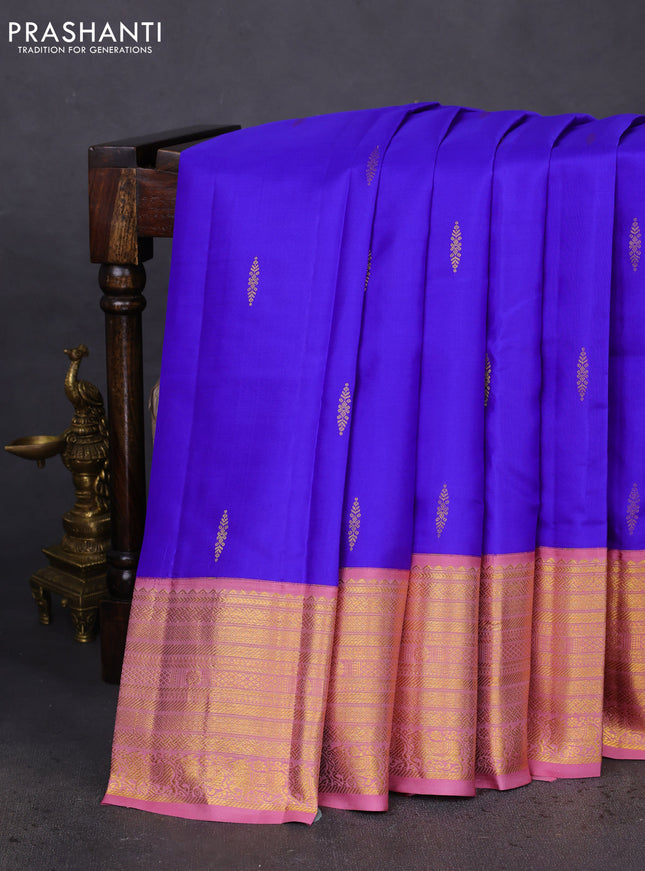 Pure kanchipuram silk saree royal blue and pastel pink with zari woven buttas and long zari woven korvai border