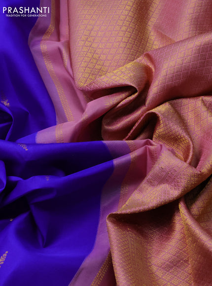 Pure kanchipuram silk saree royal blue and pastel pink with zari woven buttas and long zari woven korvai border