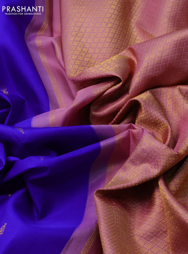 Pure kanchipuram silk saree royal blue and pastel pink with zari woven buttas and long zari woven korvai border
