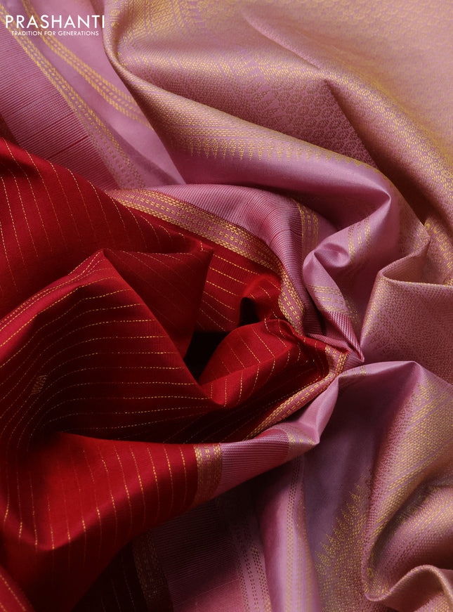 Pure kanchipuram silk saree maroon and mauve pink with allover zari stripes & zari buttas and zari woven korvai border