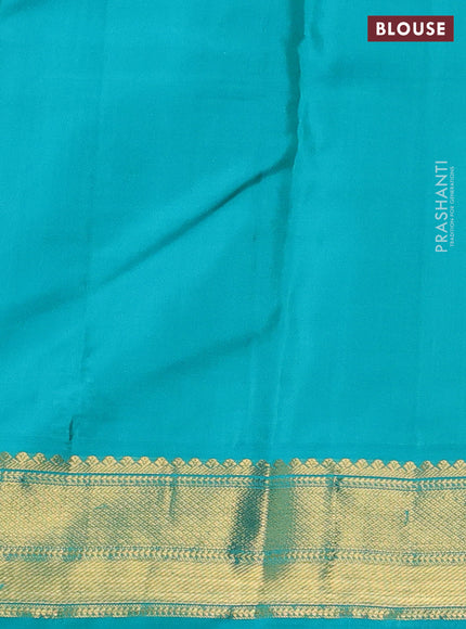 Pure kanchipuram silk saree red and teal blue with allover zari stripes & zari buttas and zari woven korvai border
