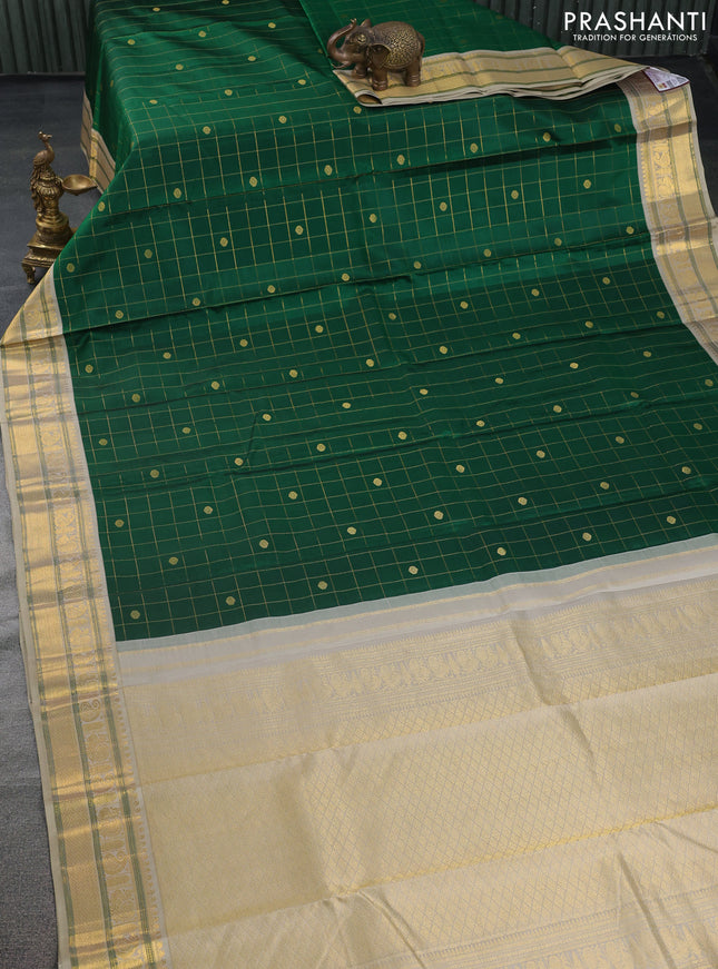 Pure kanchipuram silk saree green and beige with allover zari checks & buttas and annam zari woven korvai border