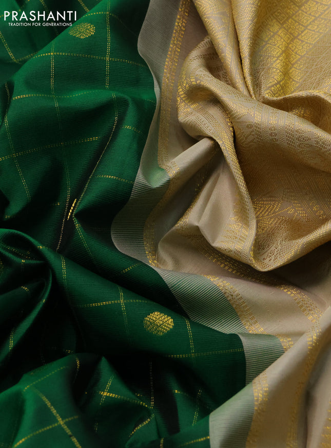 Pure kanchipuram silk saree green and beige with allover zari checks & buttas and annam zari woven korvai border