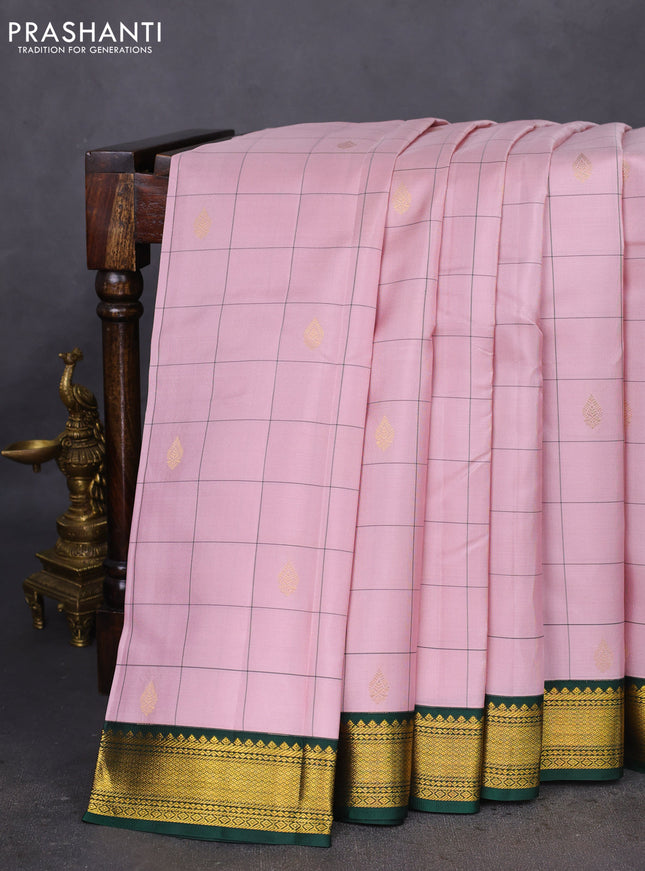 Pure kanchipuram silk saree pastel pink and green with allover checked pattern & zari buttas and zari woven korvai border