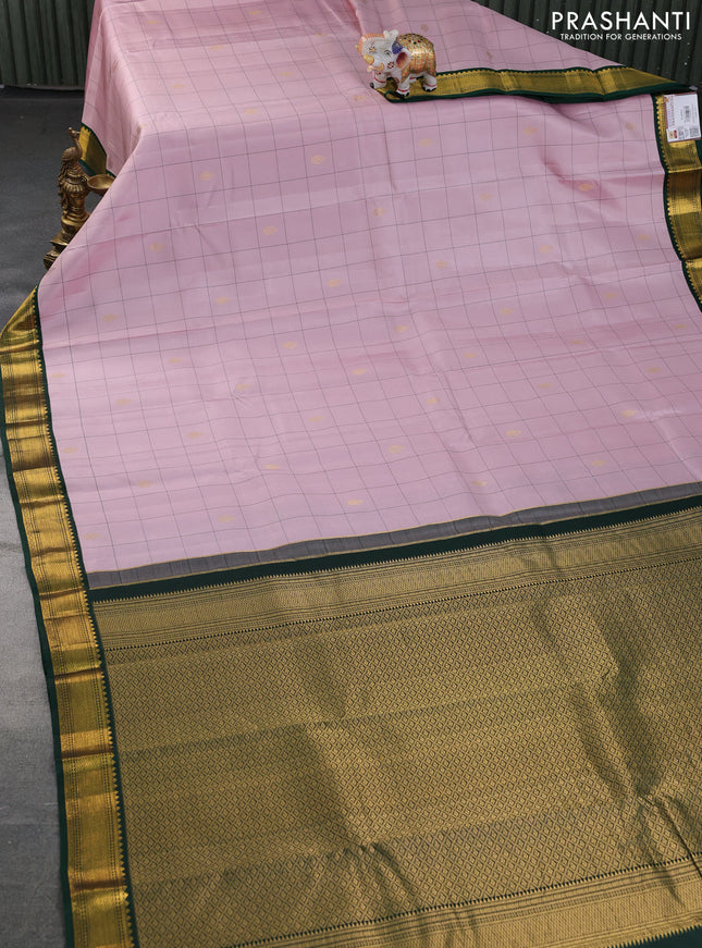 Pure kanchipuram silk saree pastel pink and green with allover checked pattern & zari buttas and zari woven korvai border
