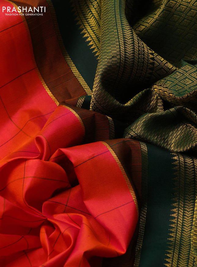 Pure kanchipuram silk saree dual shade of pinkish orange and green with allover checked pattern & zari buttas and zari woven korvai border