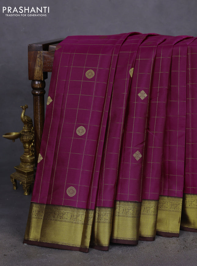 Pure kanchipuram silk saree dark magenta pink and brown with allover zari checks & buttas and annam zari woven korvai border