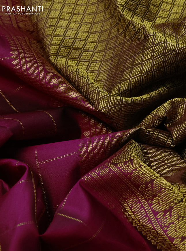 Pure kanchipuram silk saree dark magenta pink and brown with allover zari checks & buttas and annam zari woven korvai border