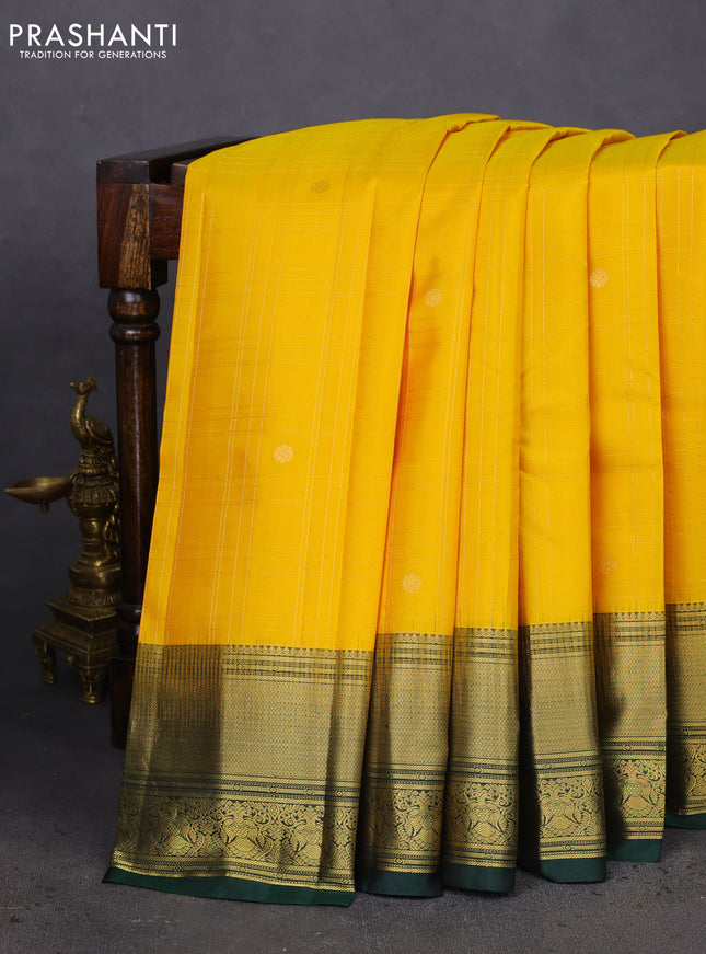 Pure kanchipuram silk saree yellow and green with allover zari checks & buttas and annam zari woven korvai border