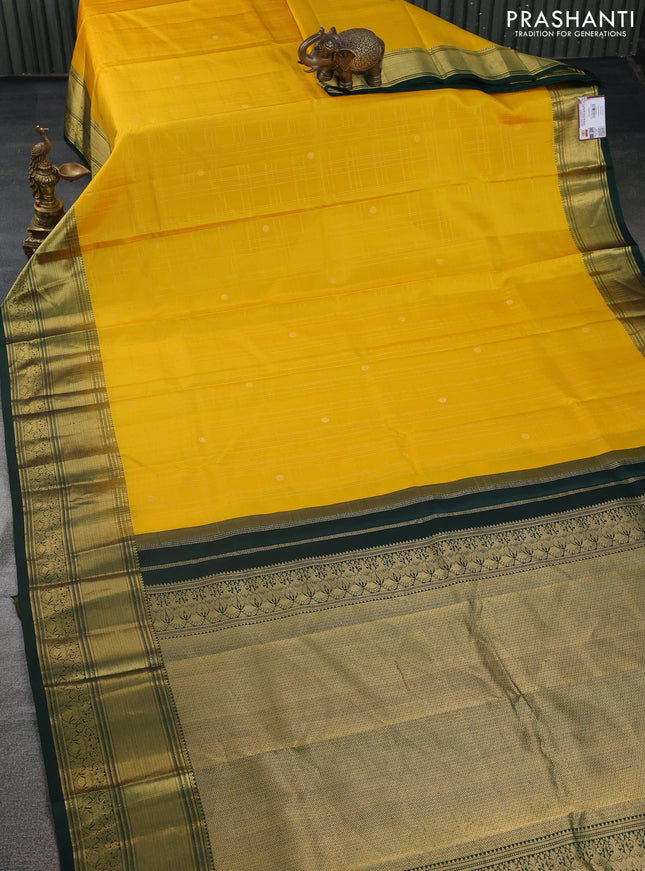 Pure kanchipuram silk saree yellow and green with allover zari checks & buttas and annam zari woven korvai border