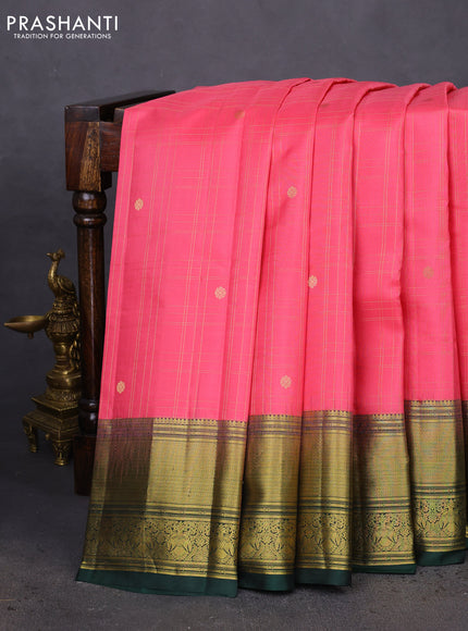 Pure kanchipuram silk saree peach pink and green with allover zari checks & buttas and annam zari woven korvai border