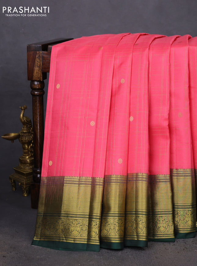 Pure kanchipuram silk saree peach pink and green with allover zari checks & buttas and annam zari woven korvai border
