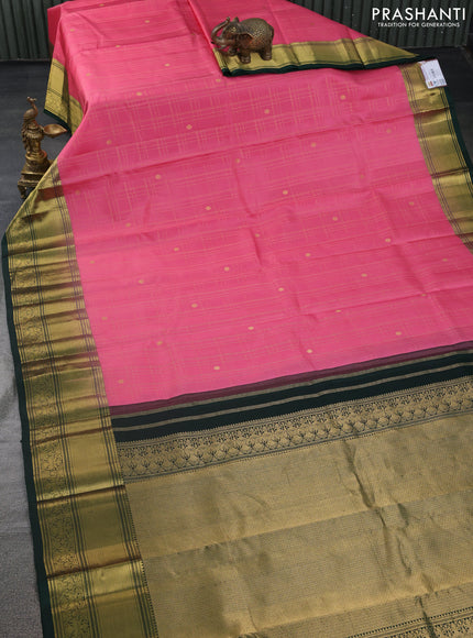Pure kanchipuram silk saree peach pink and green with allover zari checks & buttas and annam zari woven korvai border