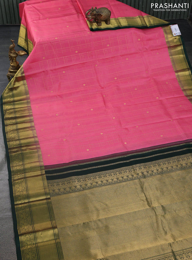 Pure kanchipuram silk saree peach pink and green with allover zari checks & buttas and annam zari woven korvai border