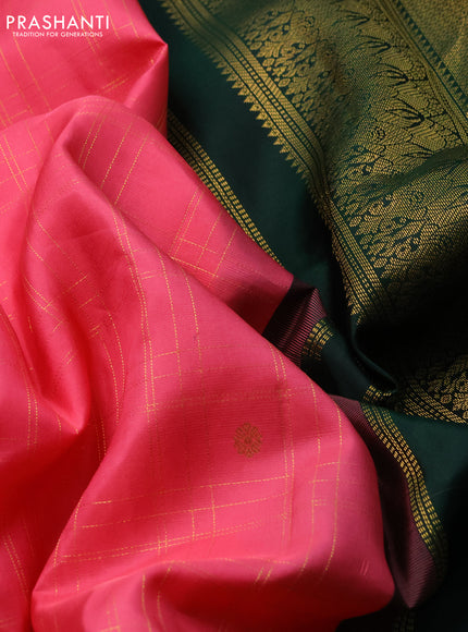 Pure kanchipuram silk saree peach pink and green with allover zari checks & buttas and annam zari woven korvai border