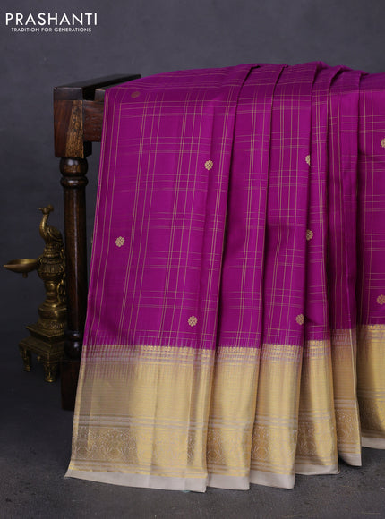 Pure kanchipuram silk saree purple and grey with allover zari checks & buttas and annam zari woven korvai border