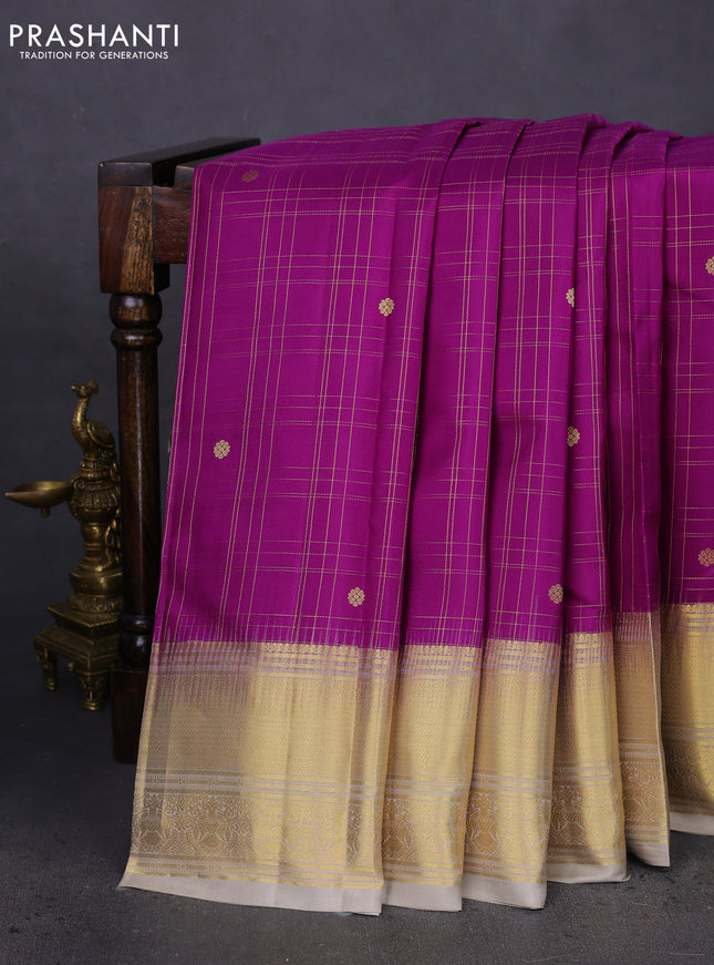 Pure kanchipuram silk saree purple and grey with allover zari checks & buttas and annam zari woven korvai border