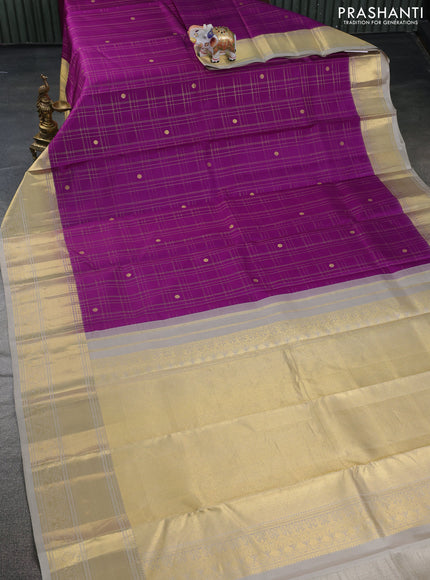 Pure kanchipuram silk saree purple and grey with allover zari checks & buttas and annam zari woven korvai border