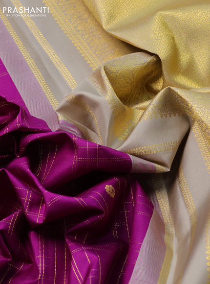 Pure kanchipuram silk saree purple and grey with allover zari checks & buttas and annam zari woven korvai border