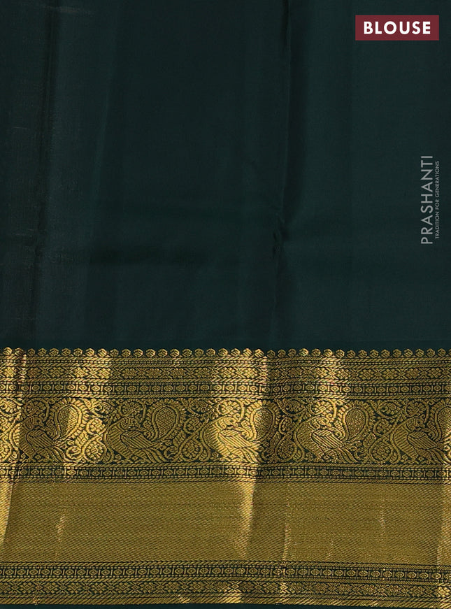 Pure kanchipuram silk saree pastel peach and dark green with zari woven buttas and long zari woven korvai border