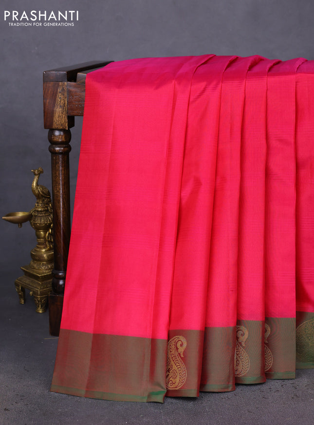 Pure kanchipuram silk saree pink and dual shade of green with plain body and zari woven butta border