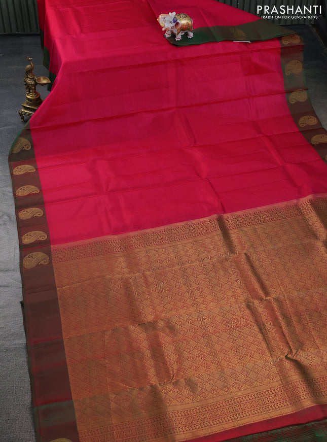 Pure kanchipuram silk saree pink and dual shade of green with plain body and zari woven butta border