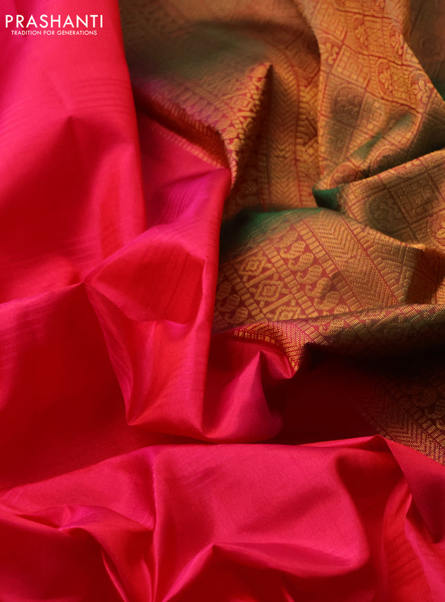 Pure kanchipuram silk saree pink and dual shade of green with plain body and zari woven butta border