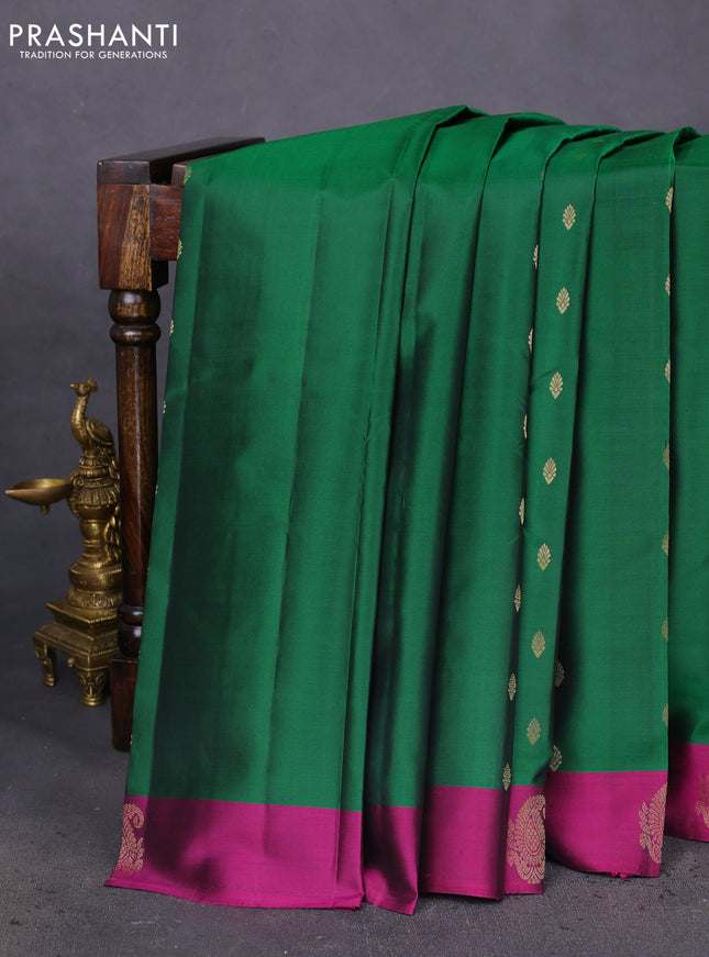Pure kanchipuram silk saree green and purple with zari woven buttas and zari woven butta border