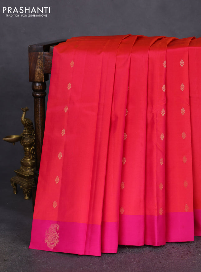 Pure kanchipuram silk saree dual shade of pinkish orange and pink with zari woven buttas and zari woven butta border