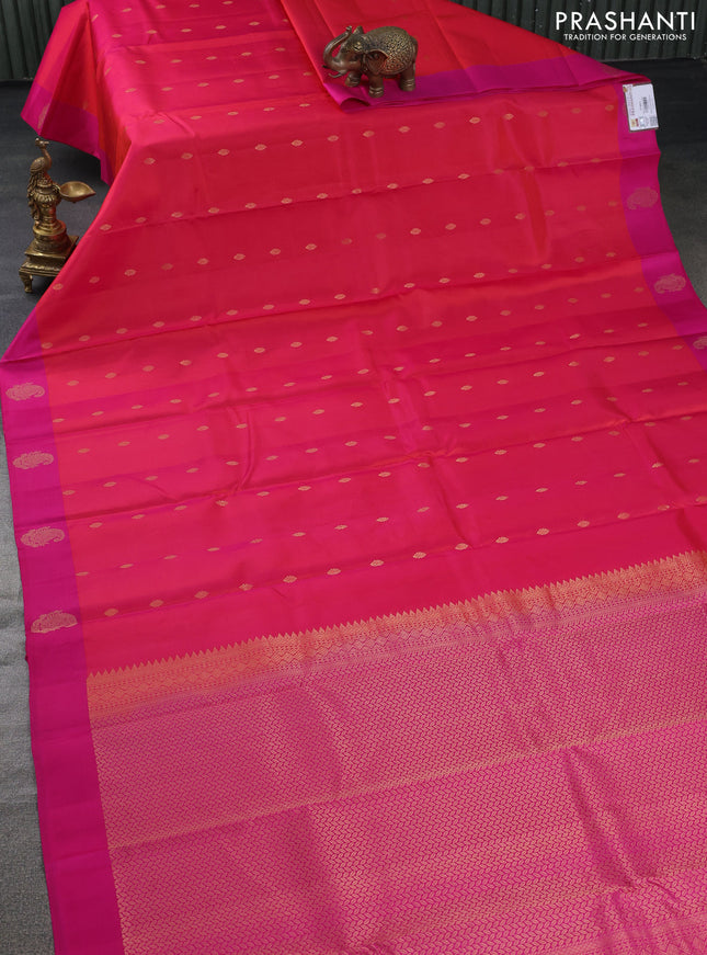 Pure kanchipuram silk saree dual shade of pinkish orange and pink with zari woven buttas and zari woven butta border