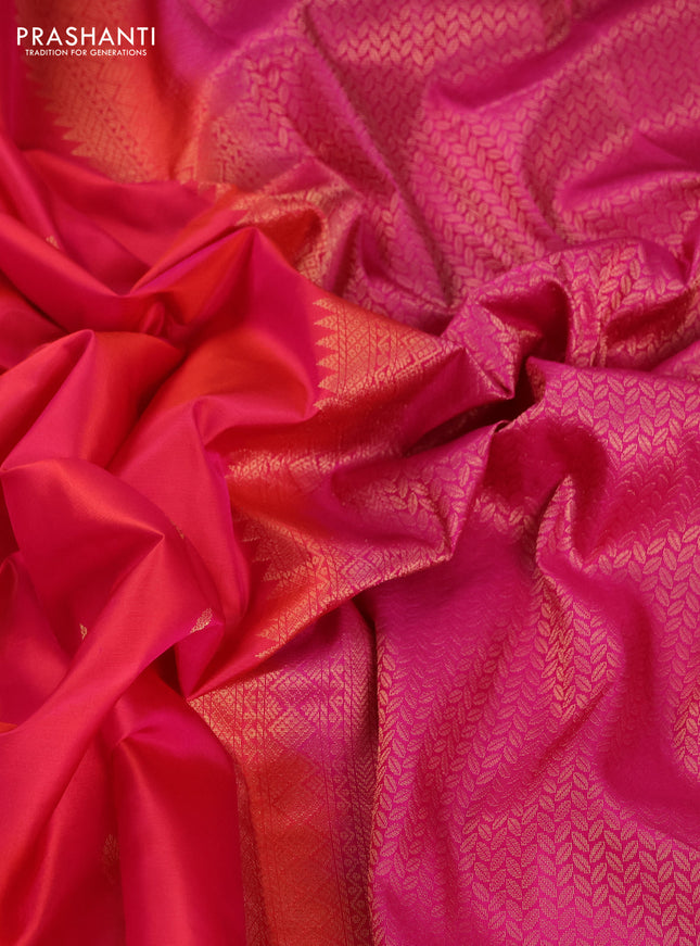 Pure kanchipuram silk saree dual shade of pinkish orange and pink with zari woven buttas and zari woven butta border
