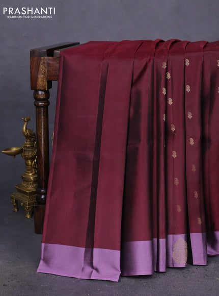 Pure kanchipuram silk saree deep maroon and mild purple with zari woven buttas and zari woven butta border
