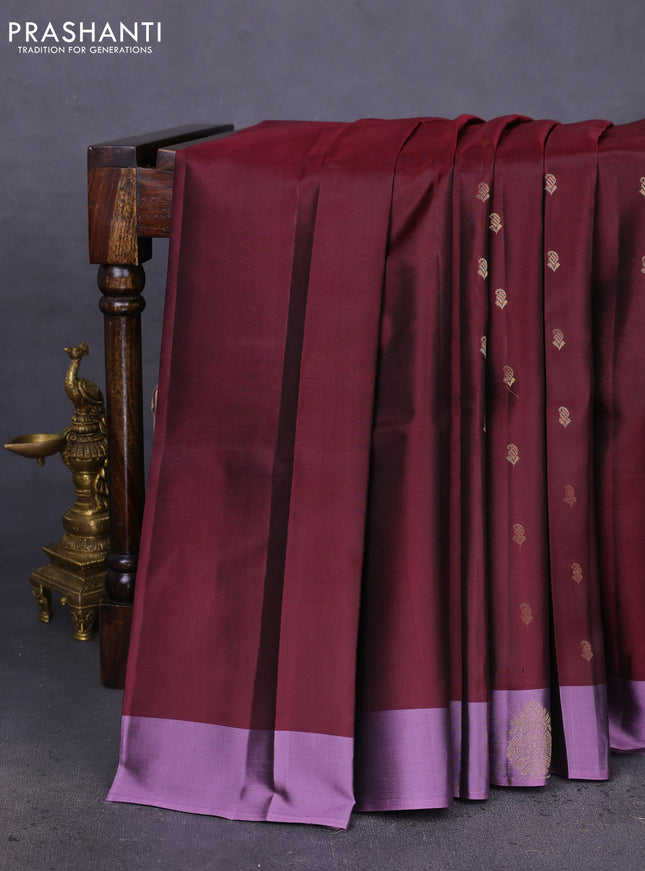 Pure kanchipuram silk saree deep maroon and mild purple with zari woven buttas and zari woven butta border