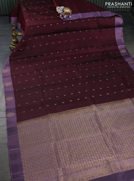Pure kanchipuram silk saree deep maroon and mild purple with zari woven buttas and zari woven butta border