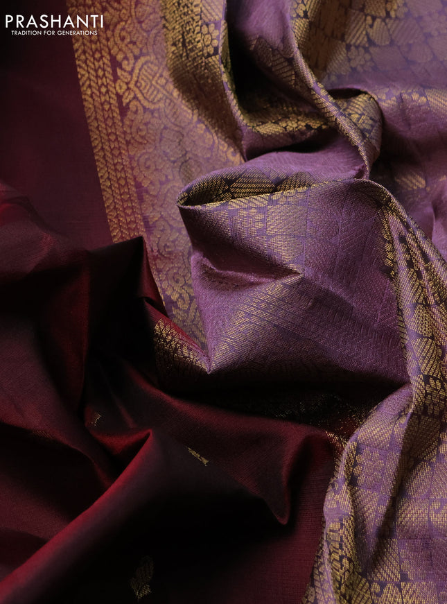 Pure kanchipuram silk saree deep maroon and mild purple with zari woven buttas and zari woven butta border