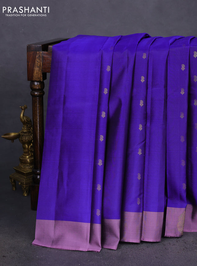 Pure kanchipuram silk saree blue and mild purple with zari woven buttas and zari woven butta border